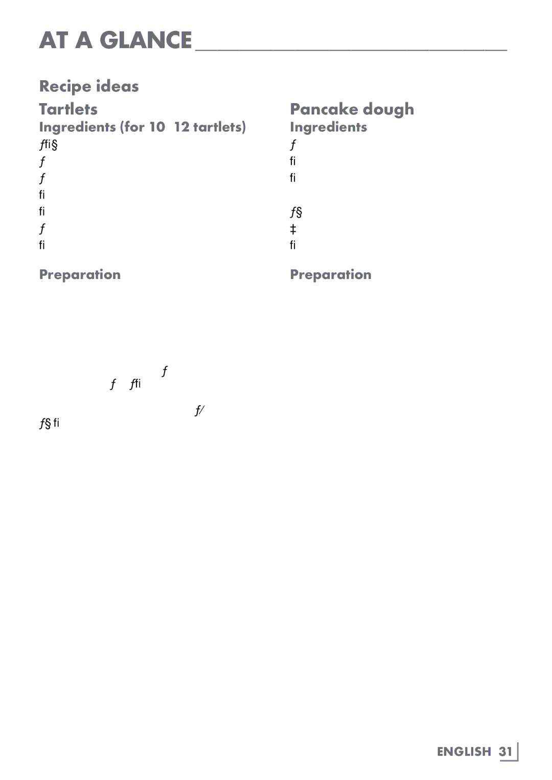 Grundig UM 9050 manual Recipe ideas Tartlets, Pancake dough, Ingredients for 10-12 tartlets 