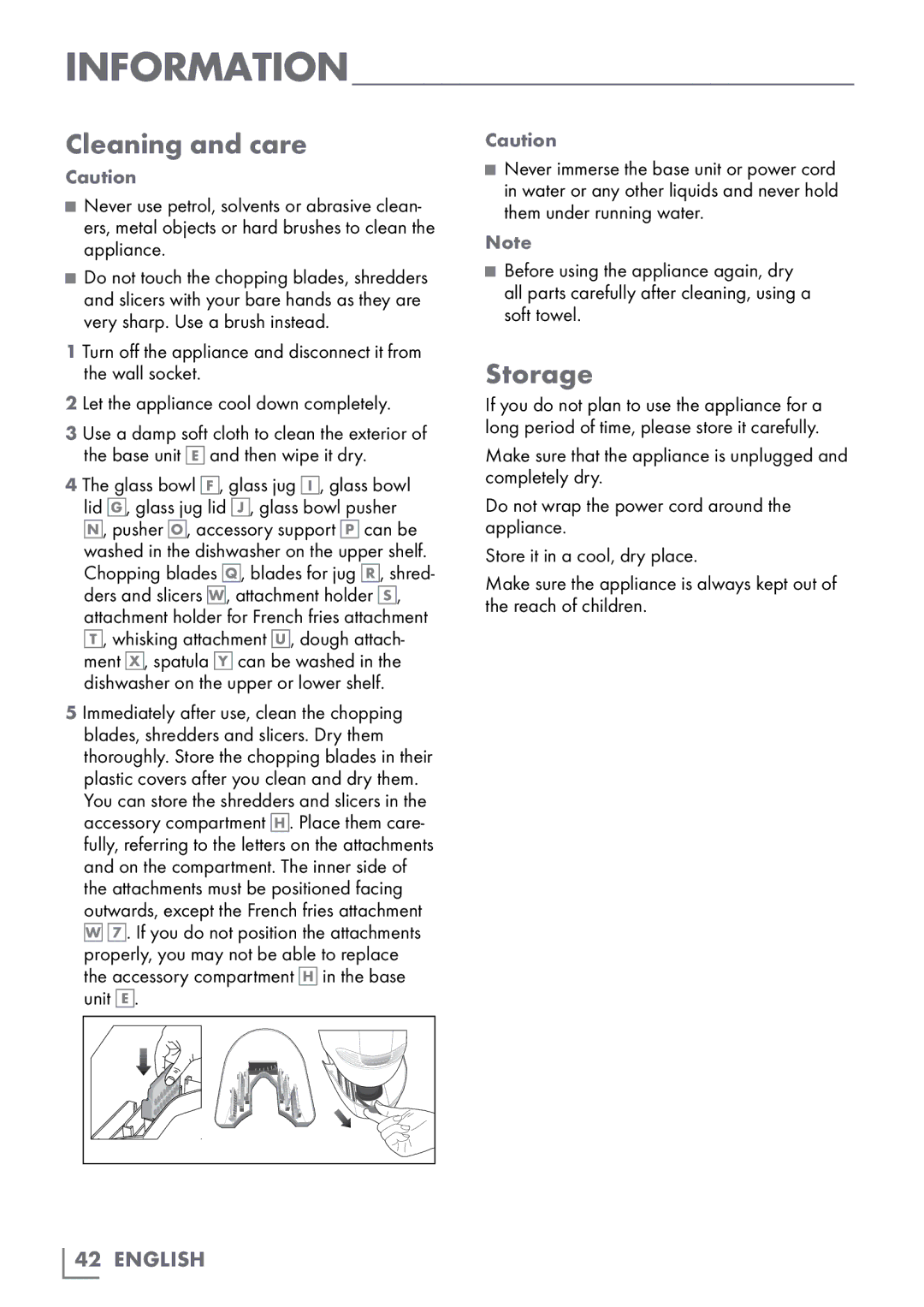 Grundig UM 9050 manual Information, Cleaning and care, Storage, Immediately after use, clean the chopping 