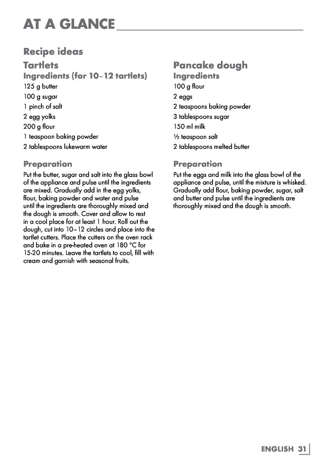Grundig UM 9050 manual Recipe ideas Tartlets, Pancake dough, At A Glance, English 