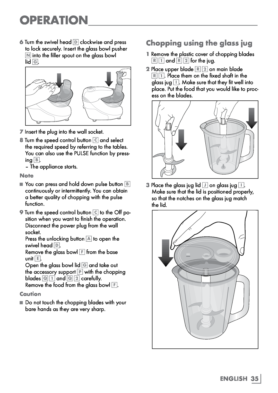 Grundig UM 9050 manual Chopping using the glass jug, Operation, English 