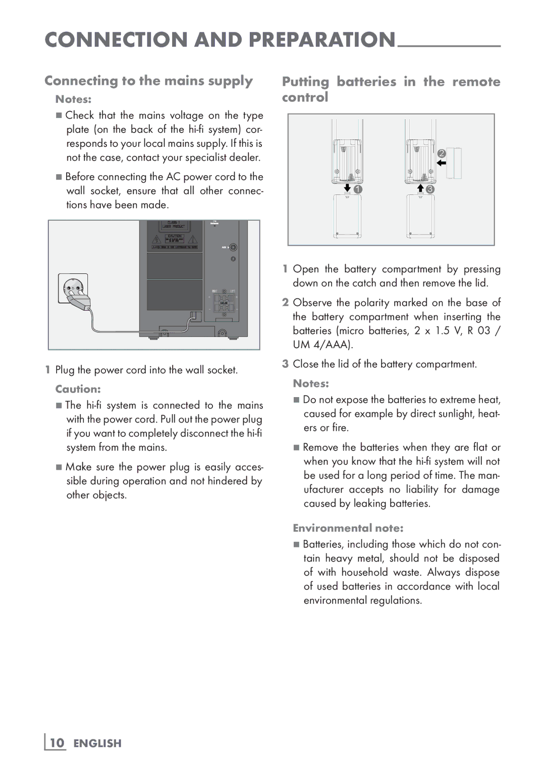 Grundig UMS 2020 manual Connecting to the mains supply, Putting batteries in the remote control, 10­ English 