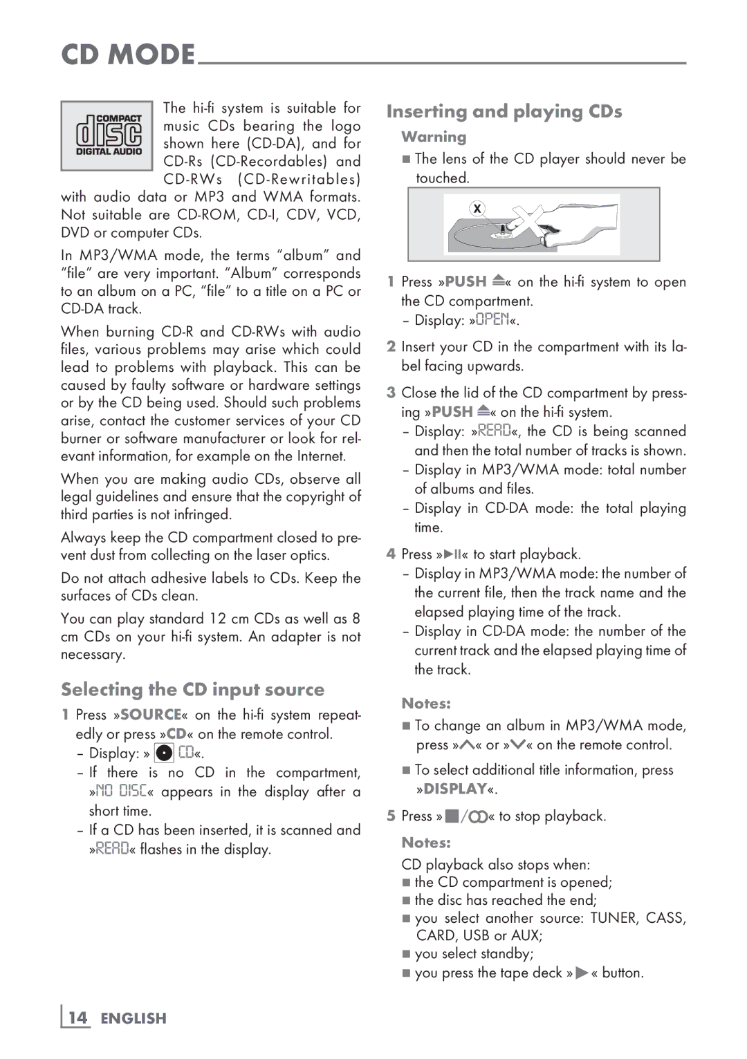 Grundig UMS 2020 manual Selecting the CD input source, Inserting and playing CDs, 14­ English 