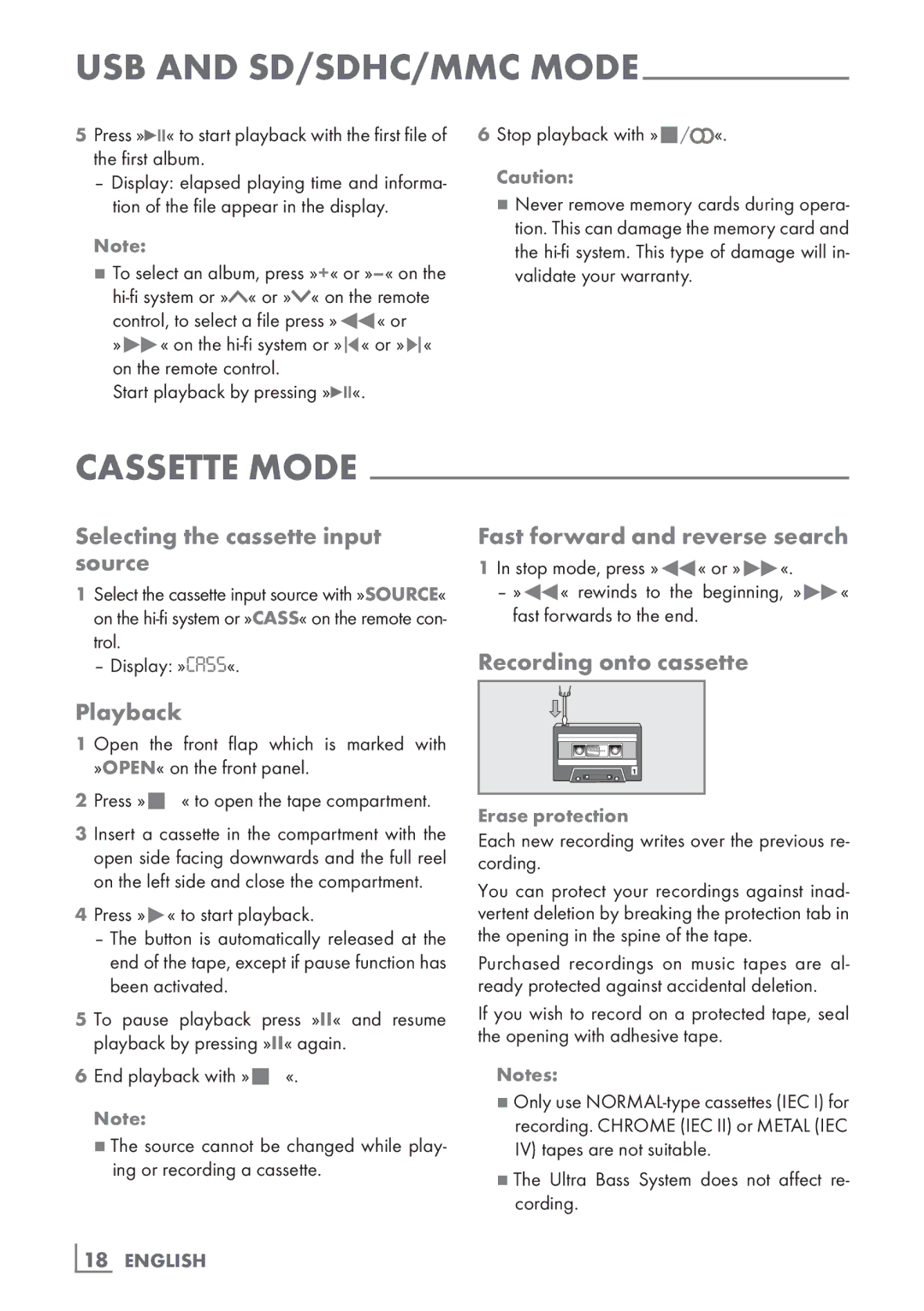 Grundig UMS 2020 Selecting the cassette input source, Playback, Fast forward and reverse search, Recording onto cassette 