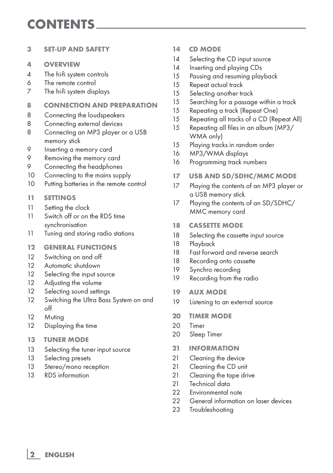 Grundig UMS 2020 SET-UP and Safety Overview, Connection and Preparation, Settings, General Functions, Tuner Mode, CD Mode 