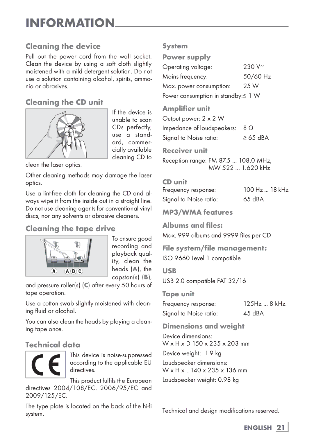 Grundig UMS 2020 manual Cleaning the device, Cleaning the CD unit, Cleaning the tape drive, Technical data 