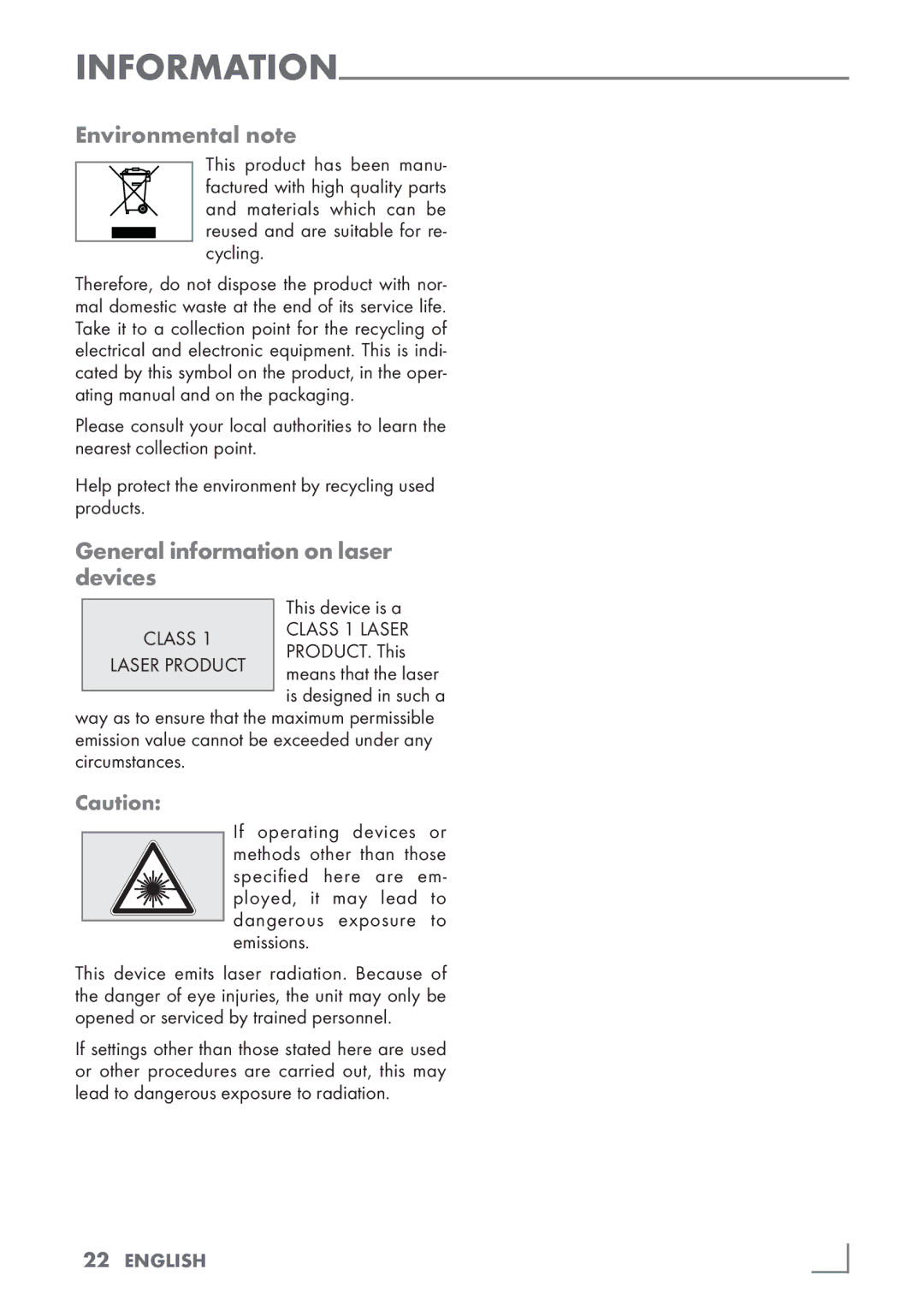 Grundig UMS 2020 manual Environmental note, General information on laser devices, This device is a, 22­ English 