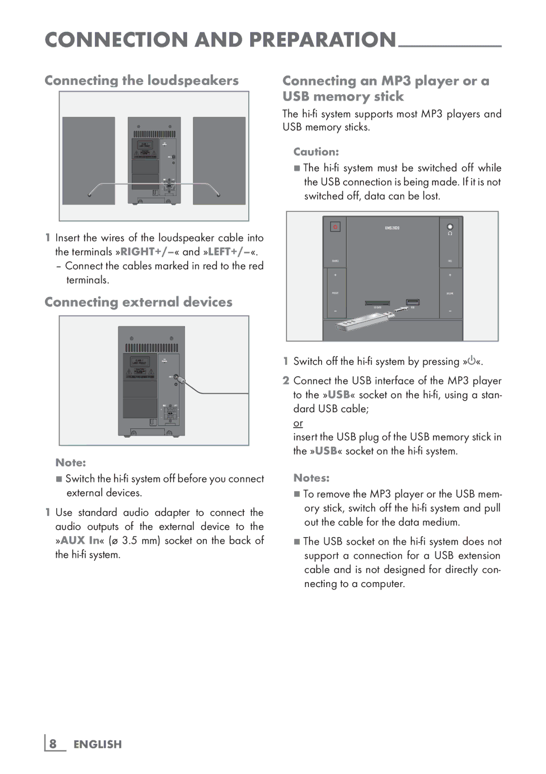 Grundig UMS 2020 manual Connecting external devices, USB memory sticks, Switched off, data can be lost 