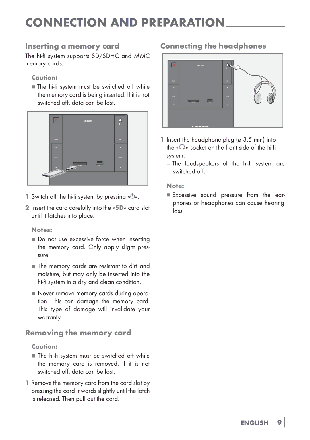 Grundig UMS 2020 manual Inserting a memory card, Removing the memory card, Connecting the headphones, English 9­ 