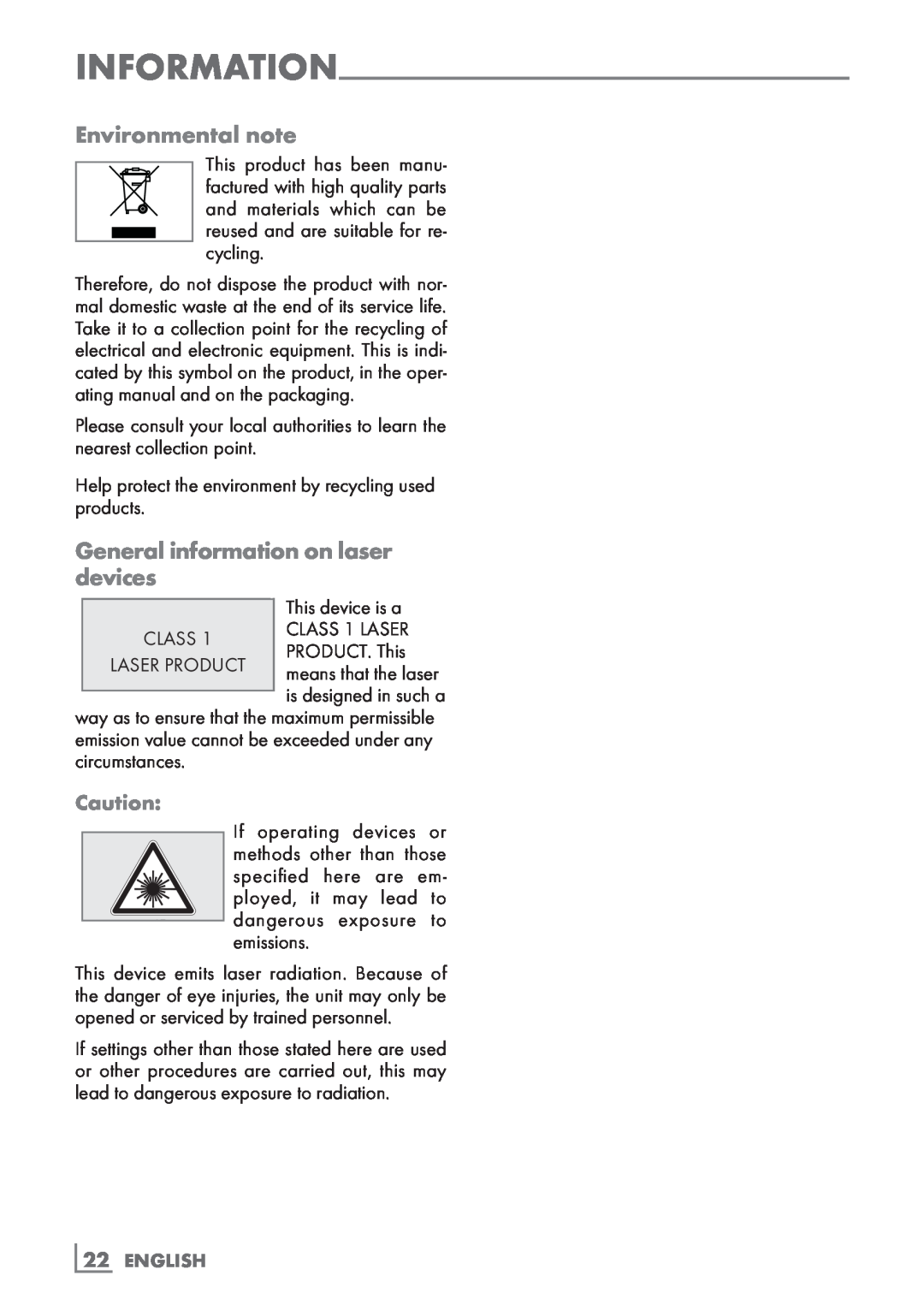 Grundig UMS 2020 manual Environmental note, General information on laser devices, 22­ ENGLISH 