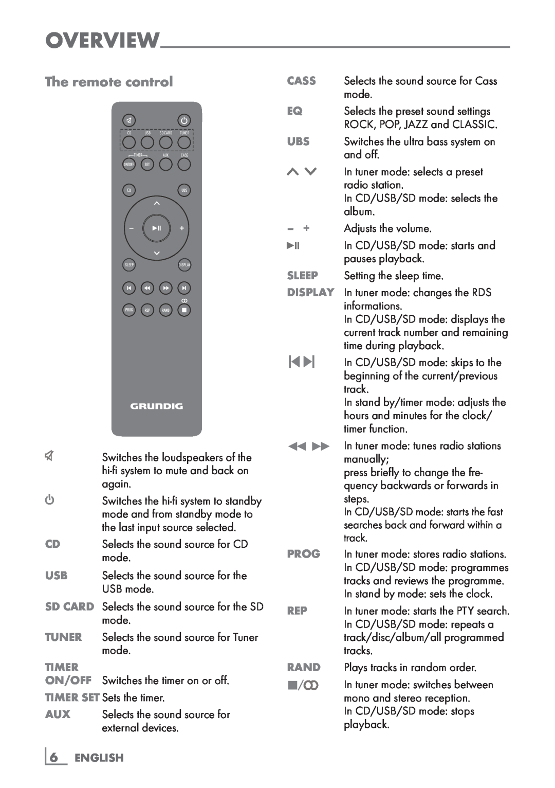 Grundig UMS 2020 manual The remote control, Timer­, 6­ ENGLISH, mono and stereo reception 