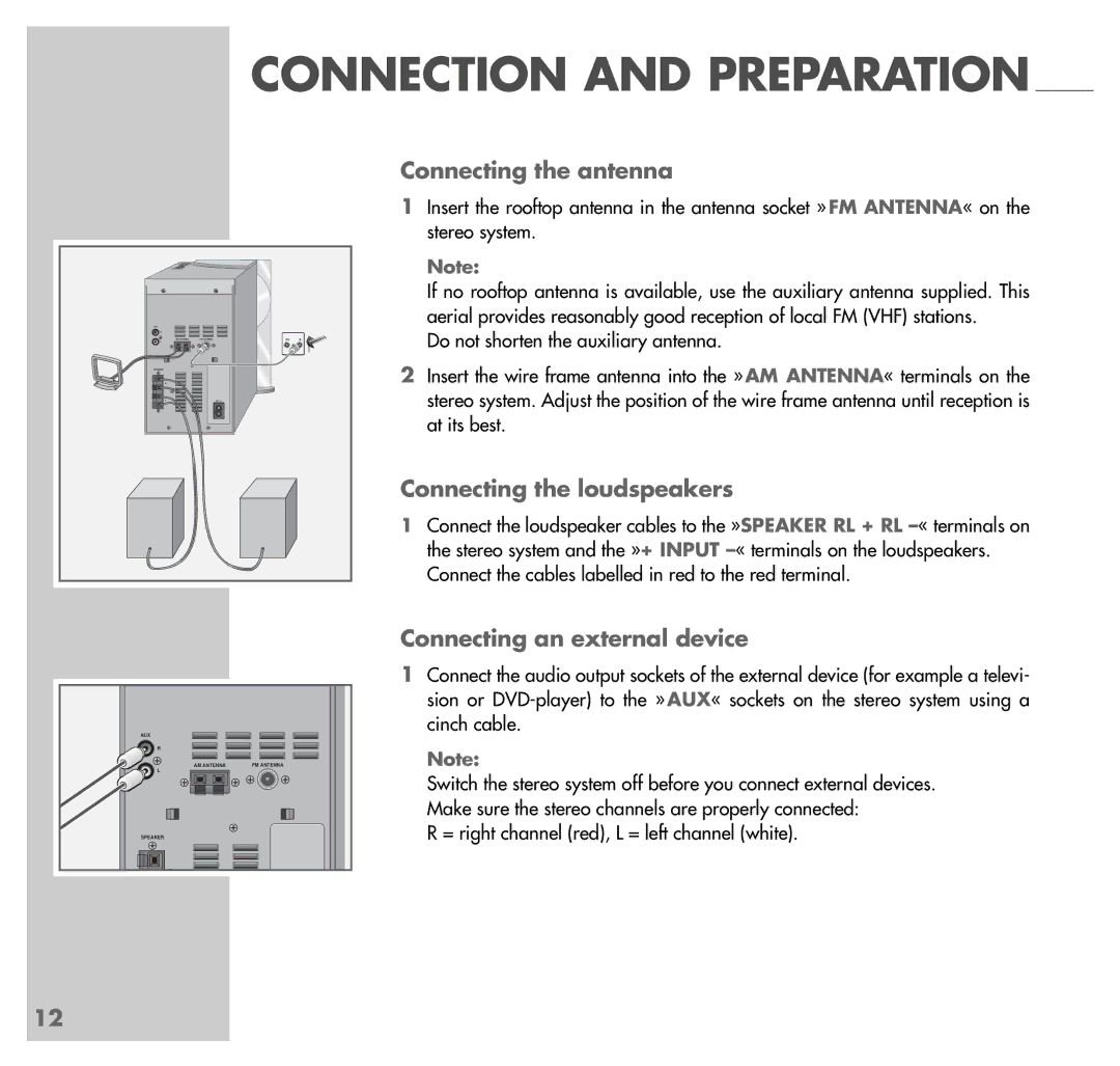 Grundig UMS 4100 manual Connecting the antenna, Connecting the loudspeakers, Connecting an external device 