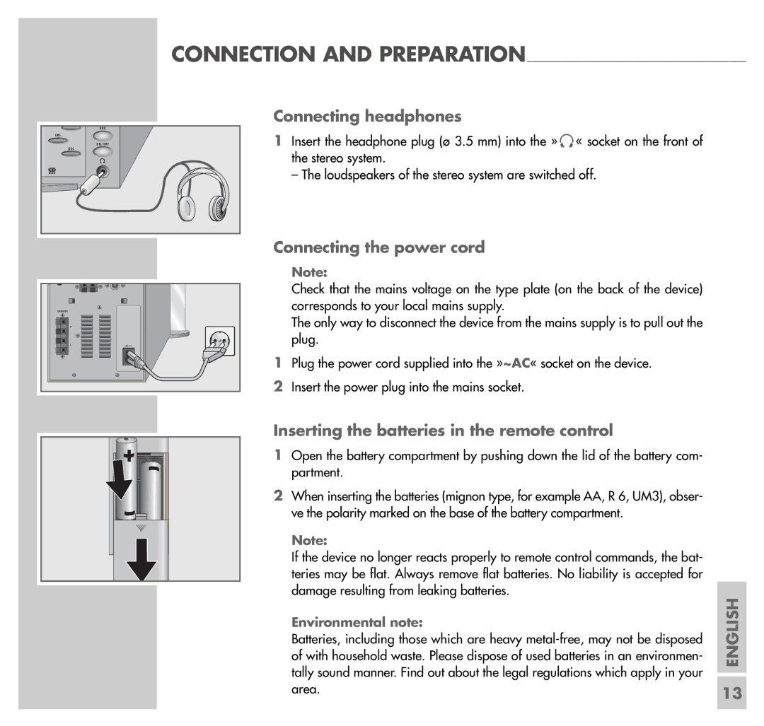 Grundig UMS 4100 manual Connecting headphones, Connecting the power cord, Inserting the batteries in the remote control 