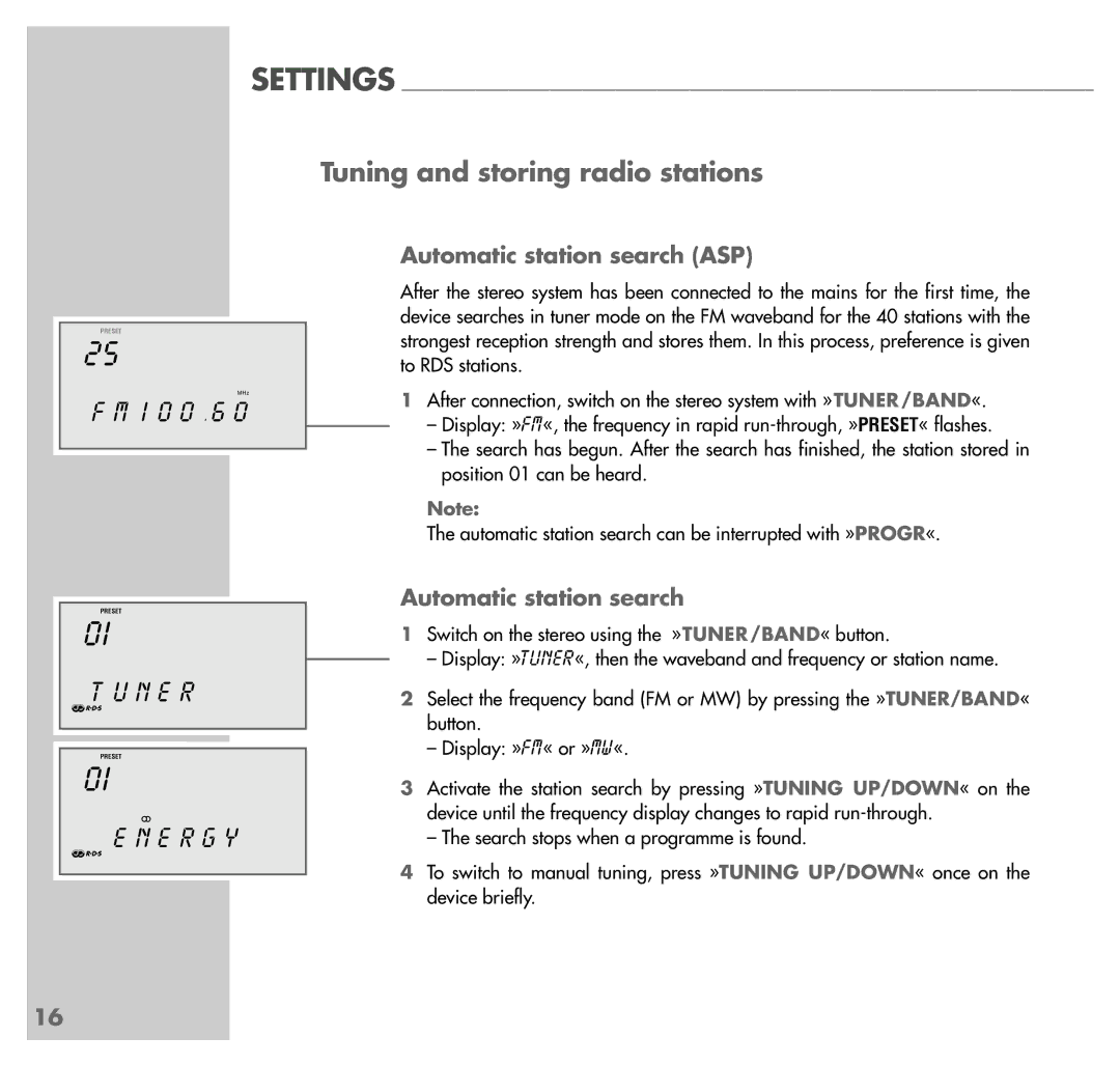 Grundig UMS 4100 manual Tuning and storing radio stations, N E R, E R G Y, Automatic station search ASP 