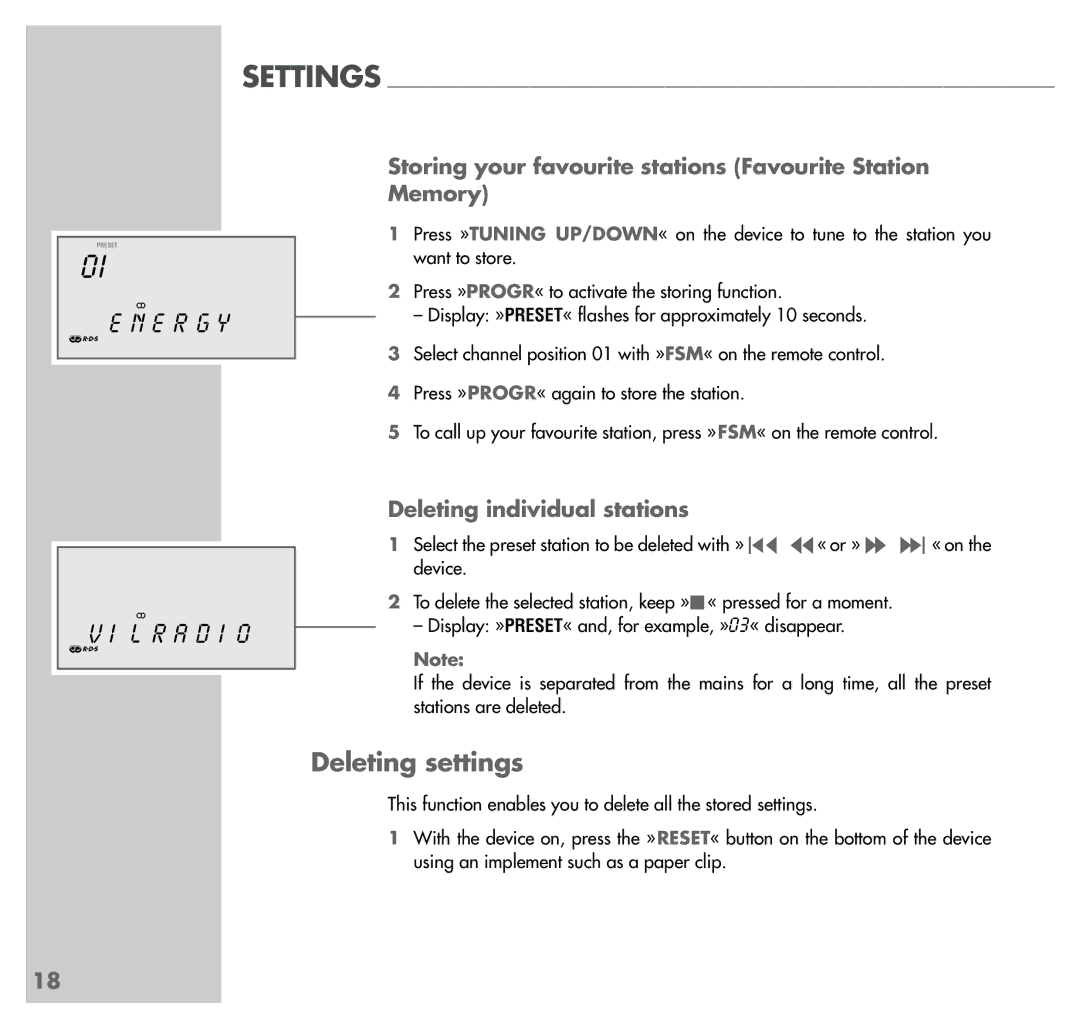 Grundig UMS 4100 manual Deleting settings, E R G Y L R a D I O, Storing your favourite stations Favourite Station Memory 