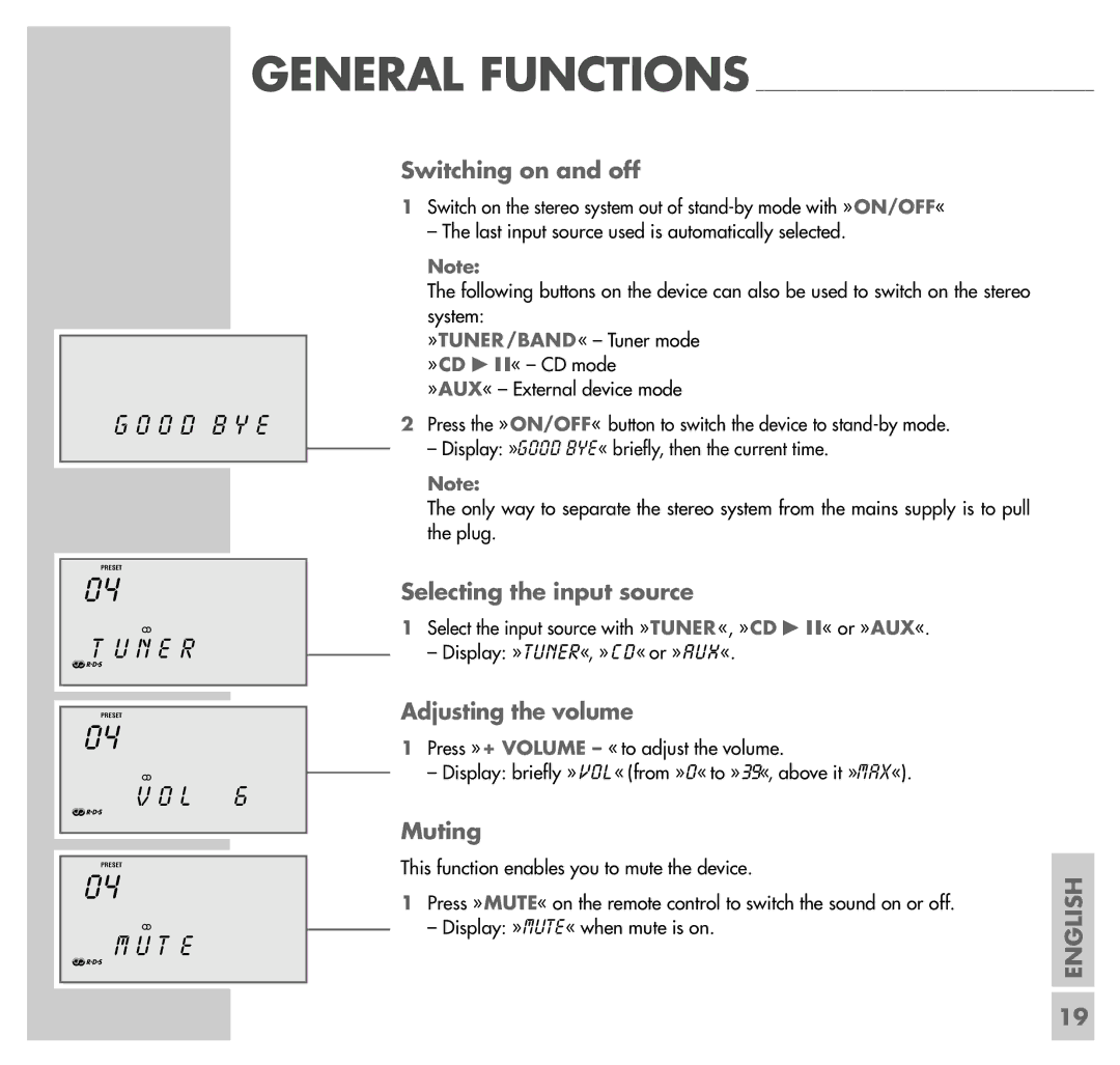 Grundig UMS 4100 manual O D B Y E, T E, Switching on and off, Adjusting the volume, Muting 