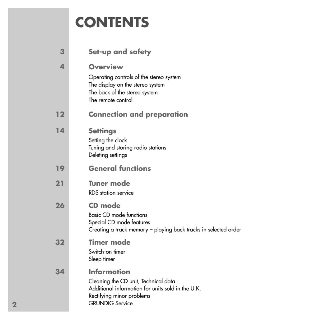 Grundig UMS 4100 Set-up and safety Overview, Connection and preparation, Settings, General functions, Tuner mode, CD mode 