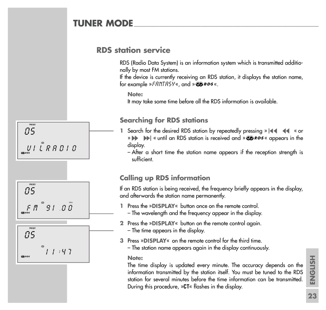 Grundig UMS 4100 manual RDS station service, Searching for RDS stations, Calling up RDS information 