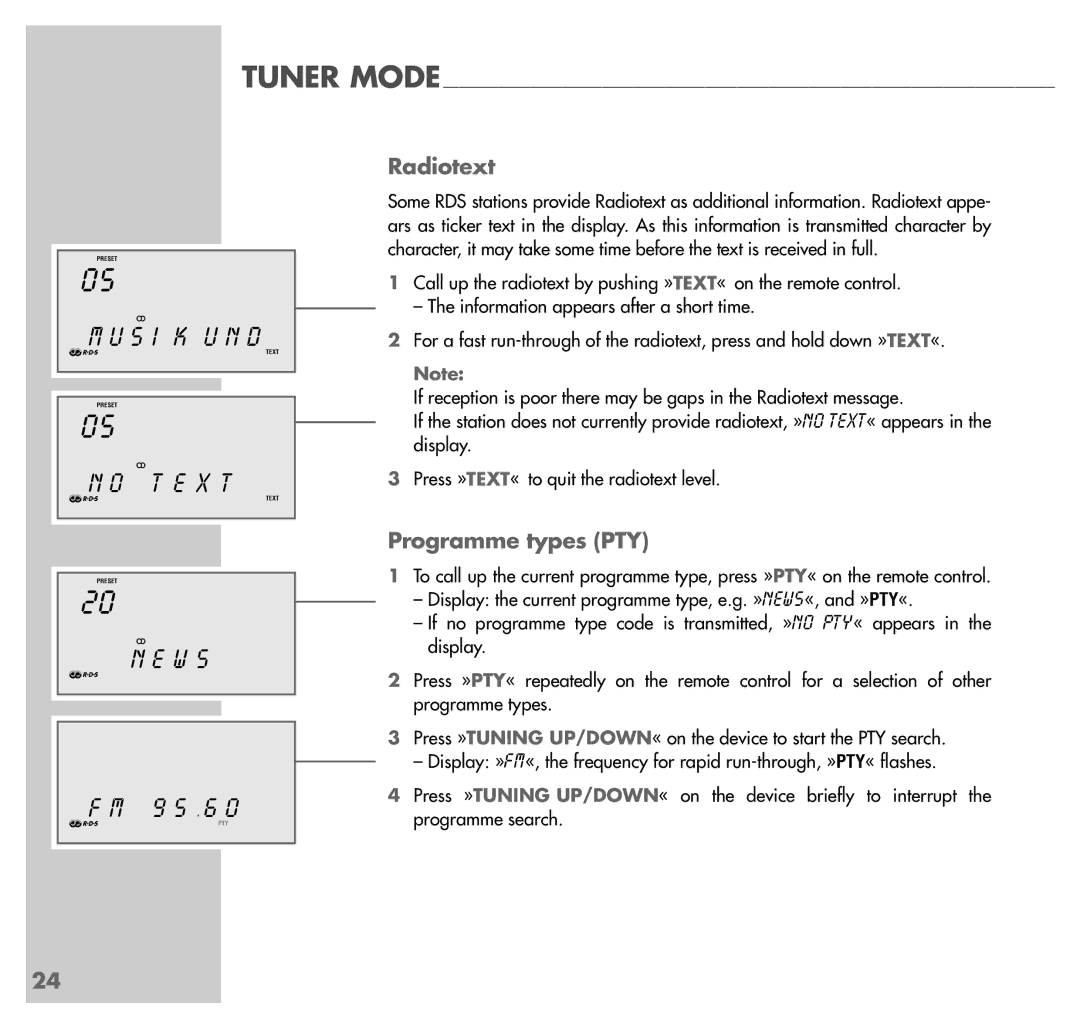 Grundig UMS 4100 manual X T, W S, Radiotext, Programme types PTY 