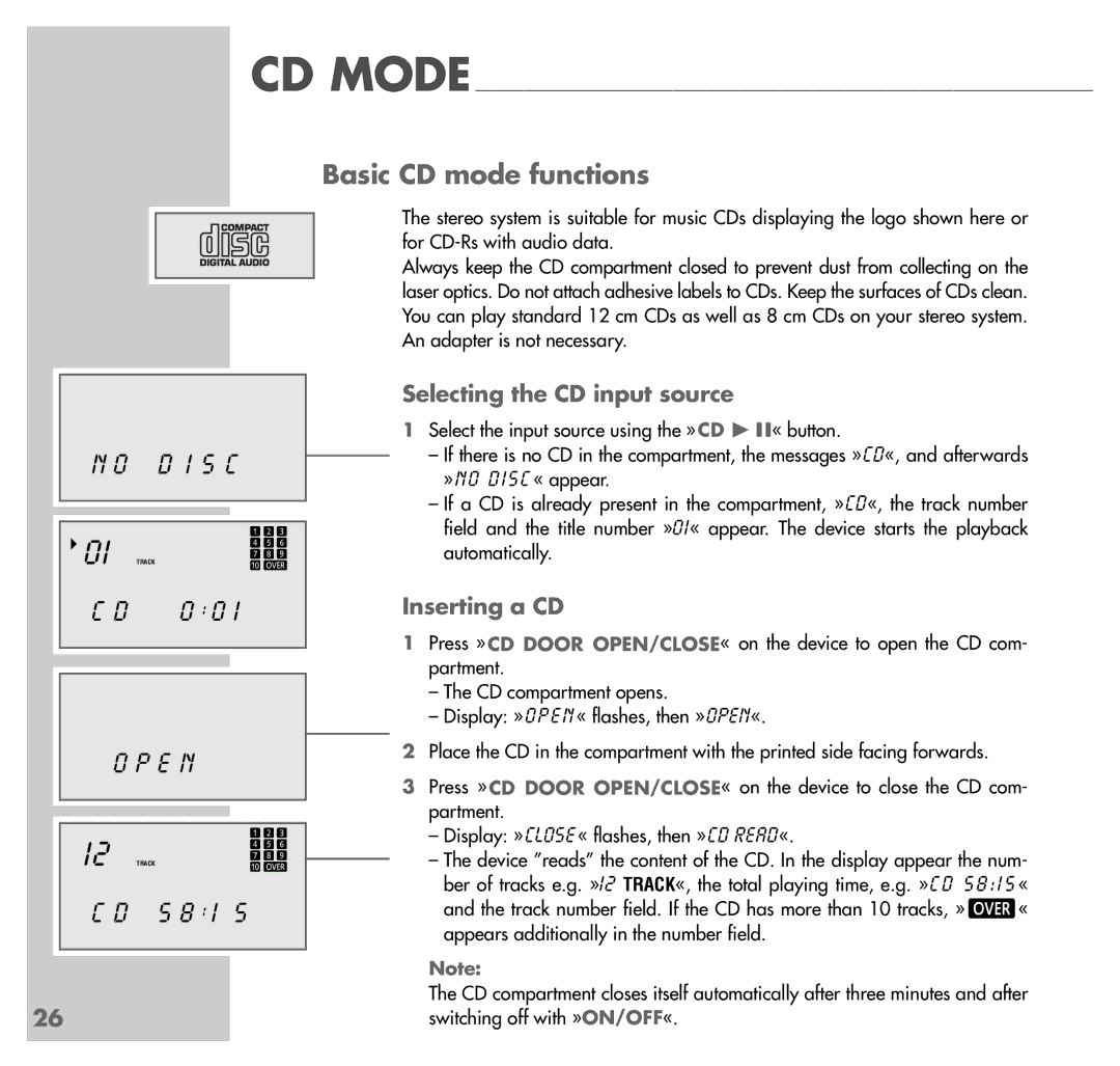 Grundig UMS 4100 manual Basic CD mode functions, S C, Selecting the CD input source, Inserting a CD 