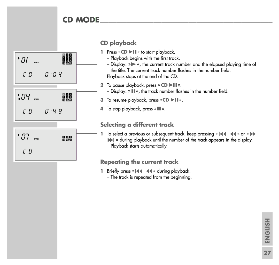 Grundig UMS 4100 manual CD playback, Selecting a different track, Repeating the current track 