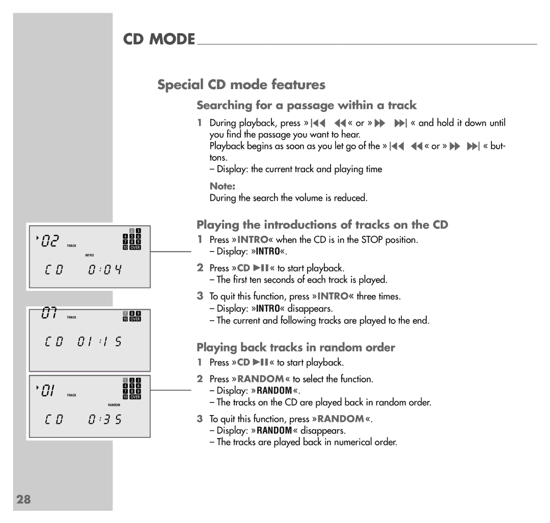 Grundig UMS 4100 Special CD mode features, Searching for a passage within a track, Playing back tracks in random order 