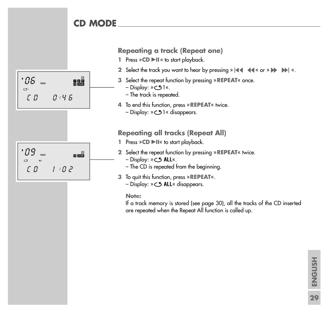 Grundig UMS 4100 manual Repeating a track Repeat one, Repeating all tracks Repeat All 