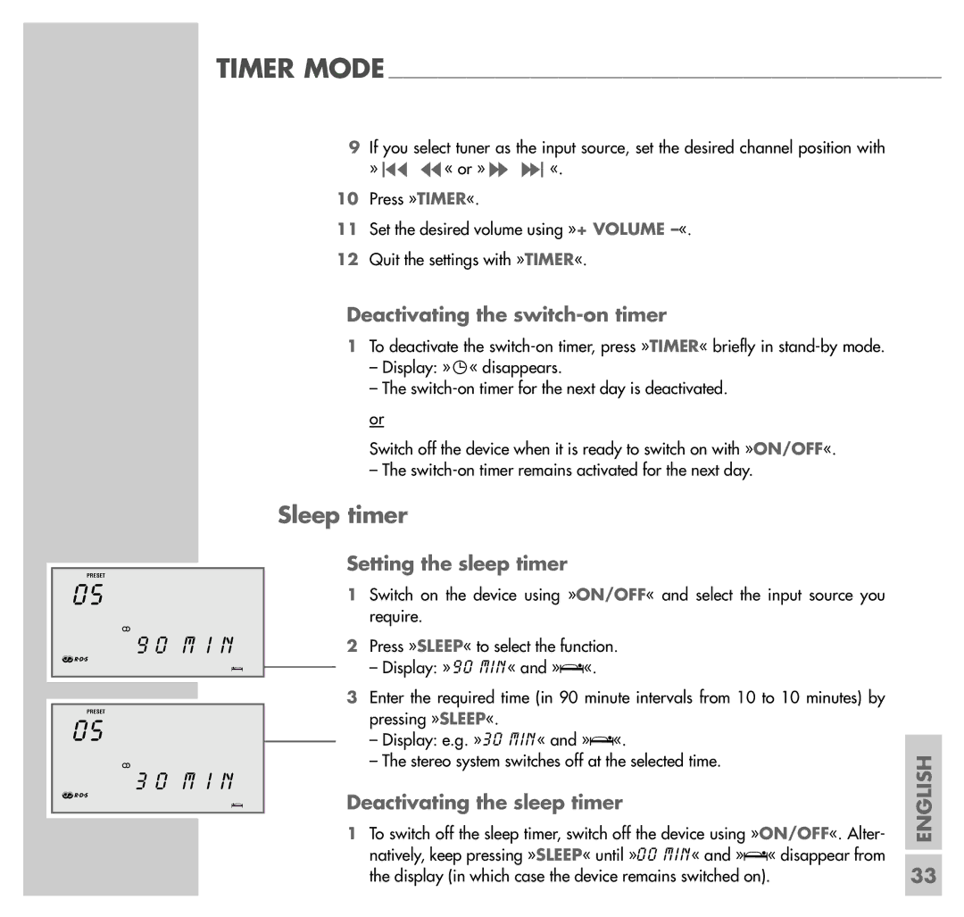 Grundig UMS 4100 Sleep timer, Deactivating the switch-on timer, Setting the sleep timer, Deactivating the sleep timer 