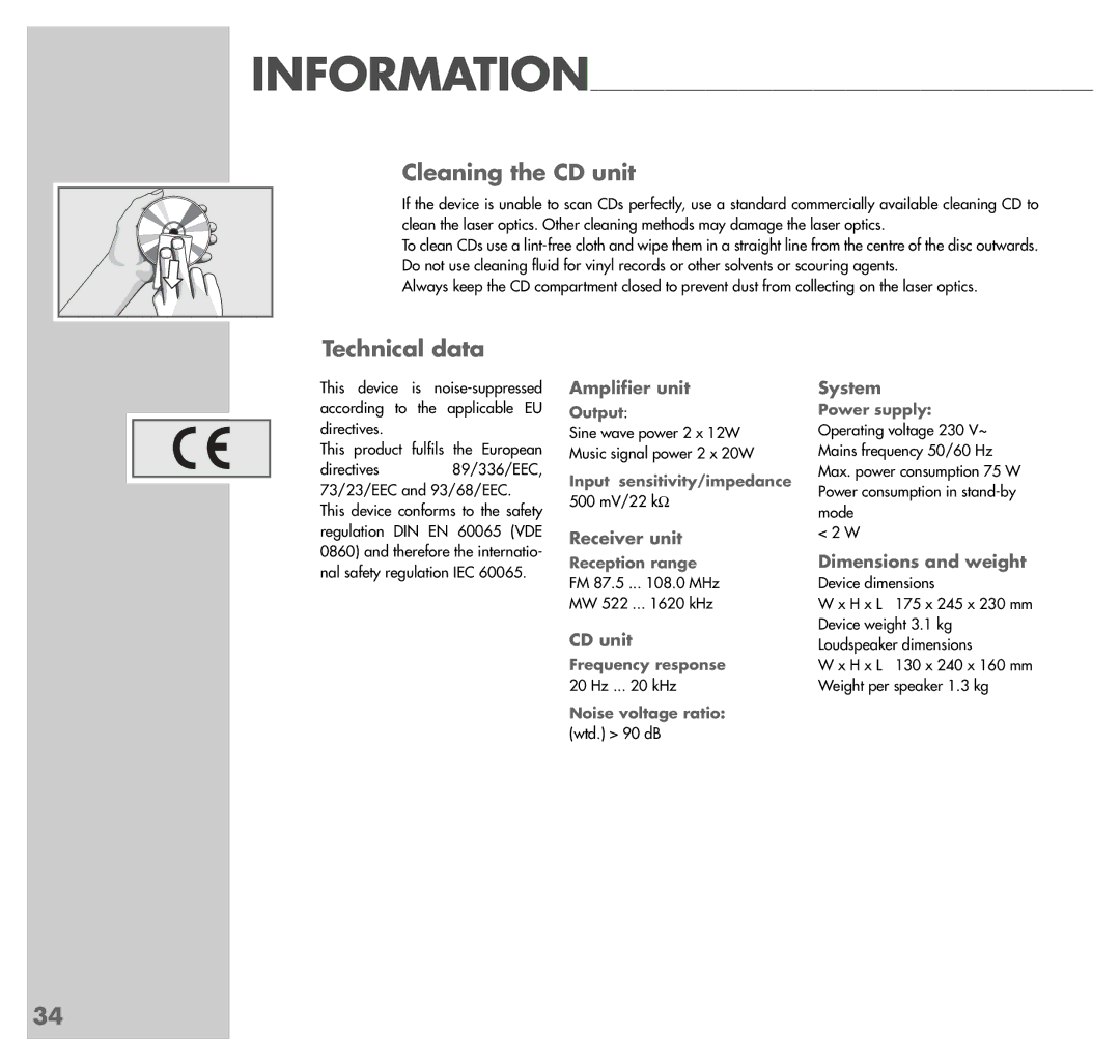 Grundig UMS 4100 manual Cleaning the CD unit, Technical data 