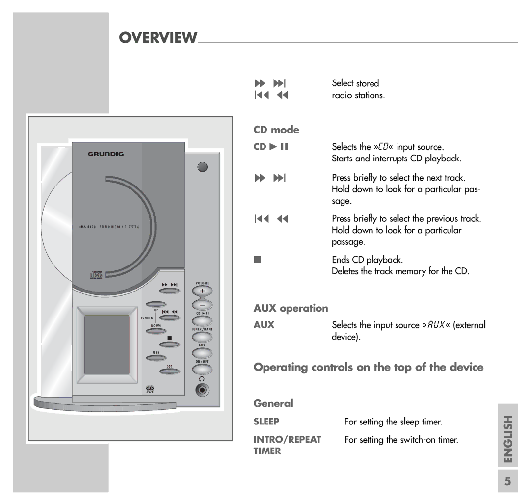 Grundig UMS 4100 manual Operating controls on the top of the device, CD mode 