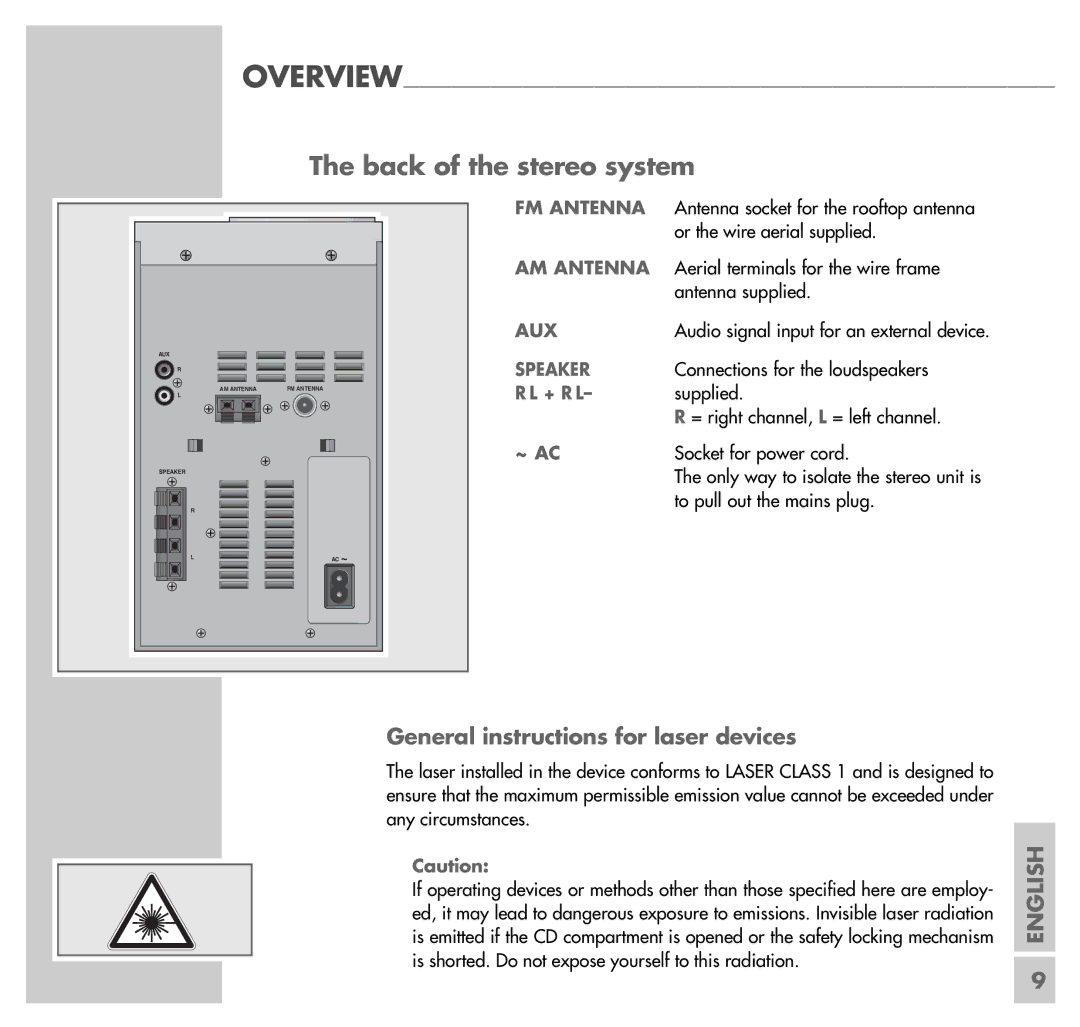 Grundig UMS 4100 manual Back of the stereo system, General instructions for laser devices 