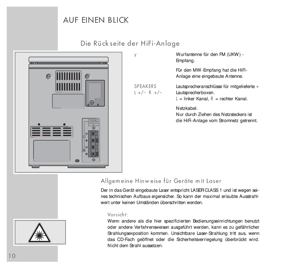 Grundig UMS 4200 Die Rückseite der HiFi-Anlage, Allgemeine Hinweise für Geräte mit Laser, Speakers, +/- R +, Vorsicht 