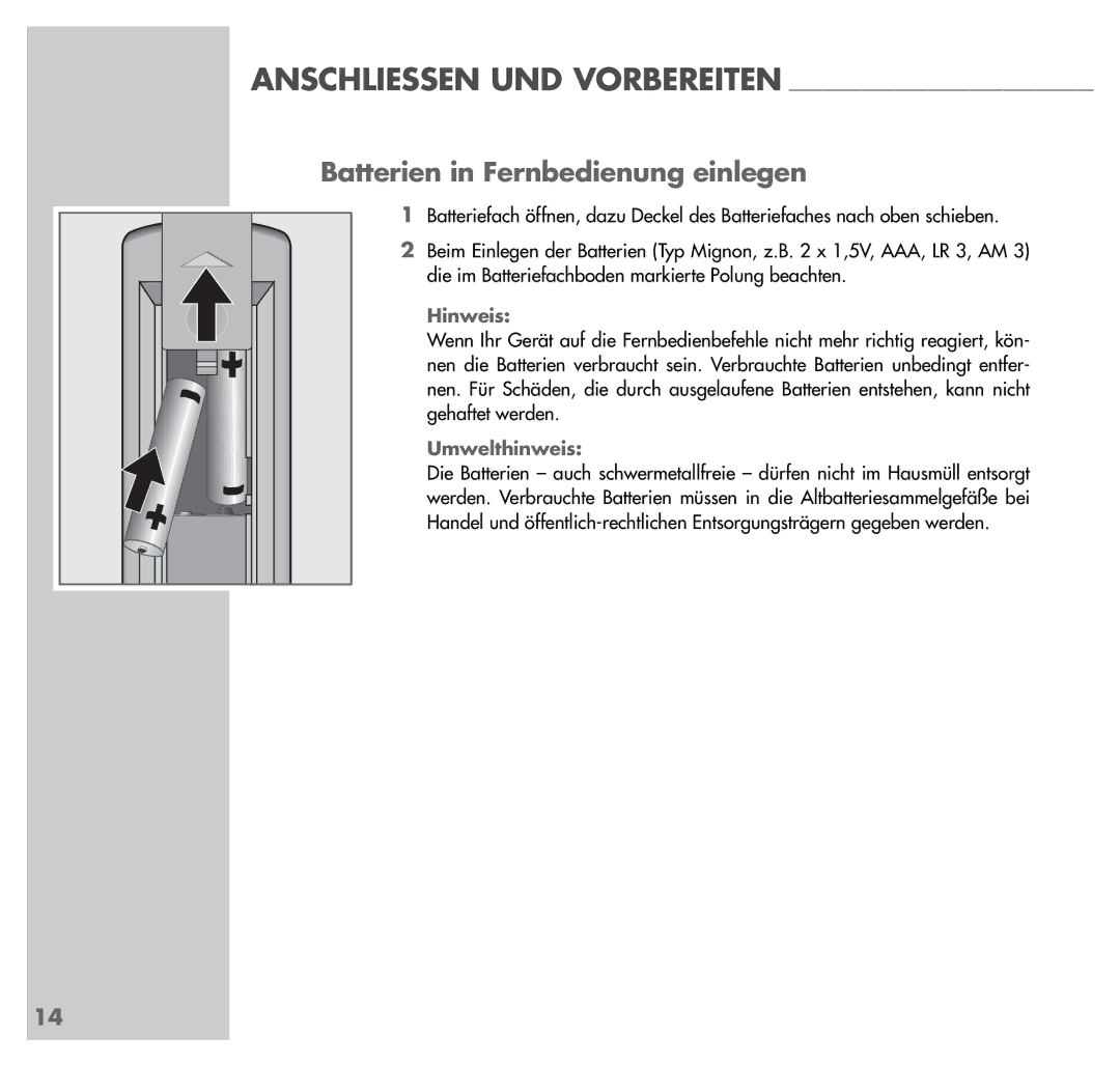 Grundig UMS 4200 manual Batterien in Fernbedienung einlegen, Umwelthinweis 