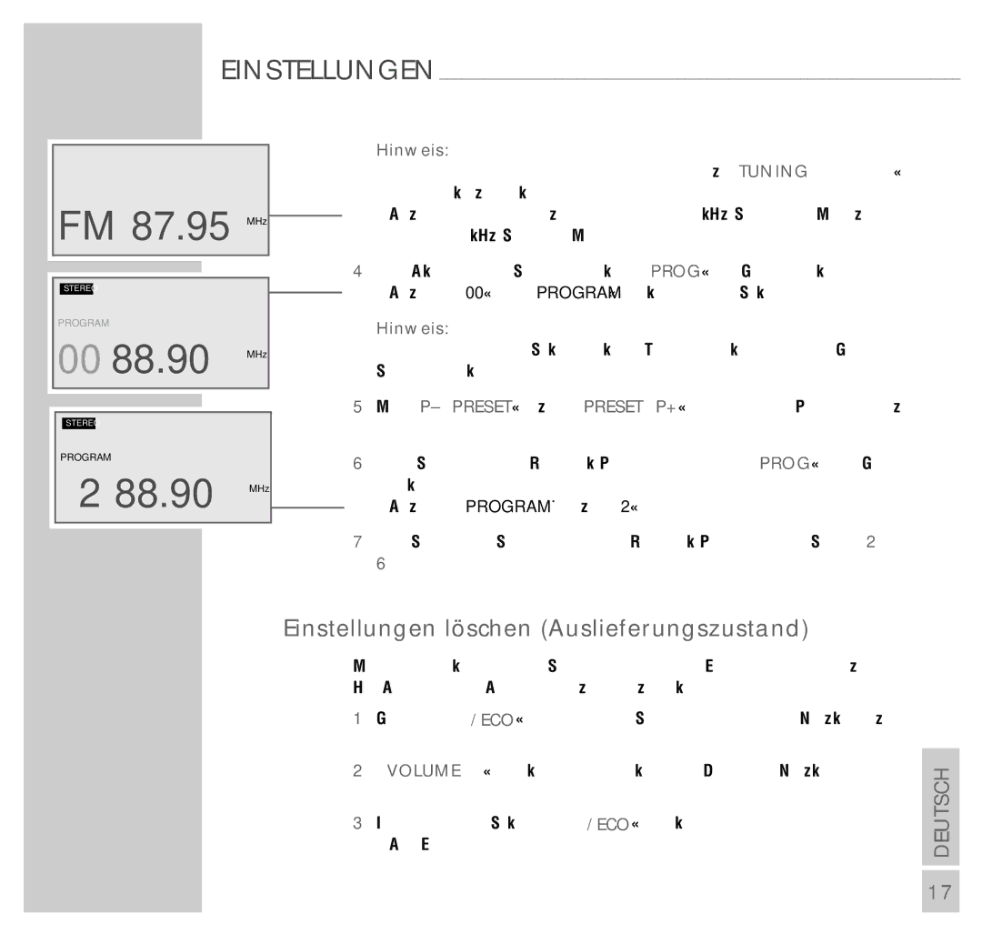 Grundig UMS 4200 manual 88.90, Einstellungen löschen Auslieferungszustand 