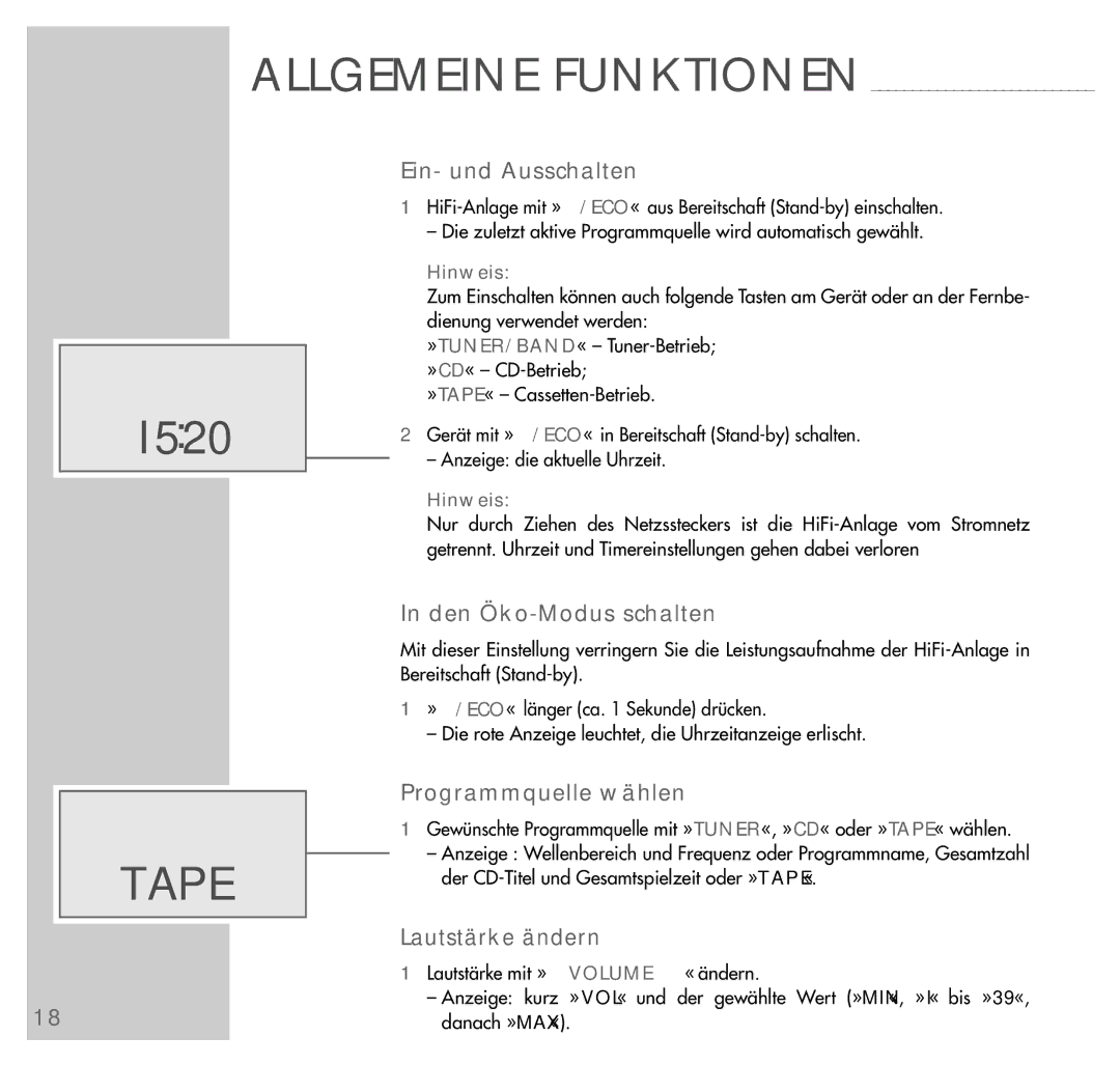 Grundig UMS 4200 manual 520, Ein- und Ausschalten, Den Öko-Modus schalten, Programmquelle wählen, Lautstärke ändern 