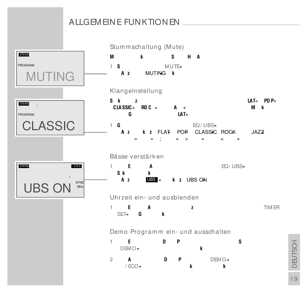 Grundig UMS 4200 manual Stummschaltung Mute, Klangeinstellung, Bässe verstärken, Uhrzeit ein- und ausblenden 