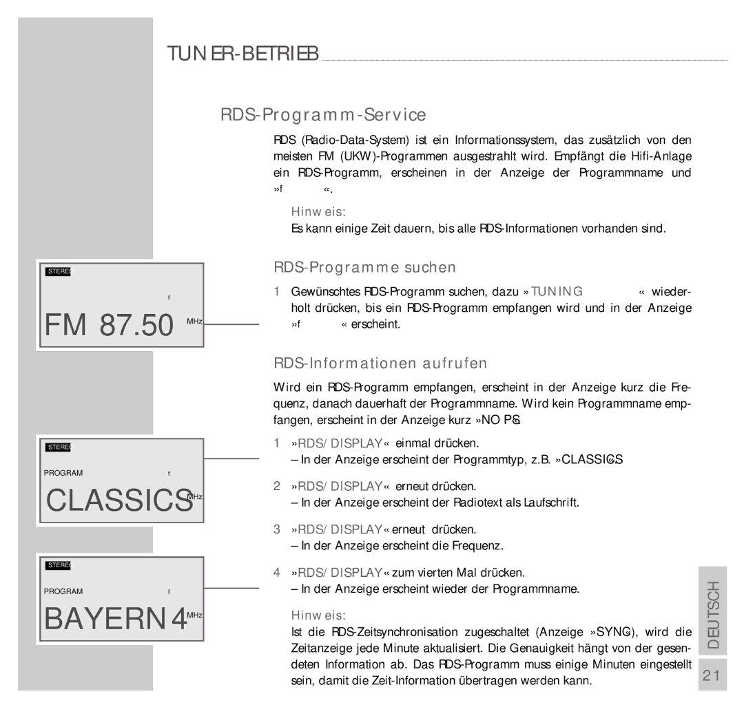 Grundig UMS 4200 manual FM 87.50 MHz, Classics MHz, RDS-Programm-Service, RDS-Programme suchen, RDS-Informationen aufrufen 