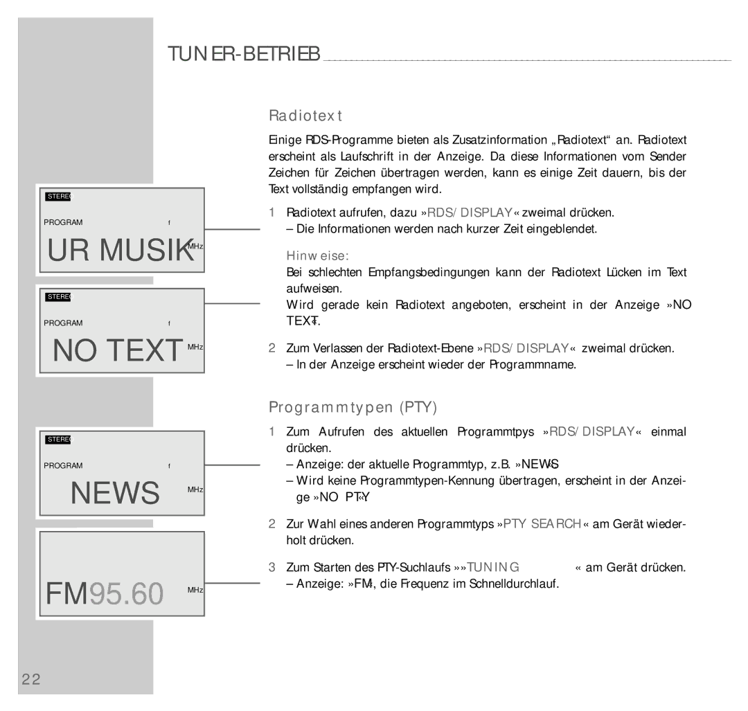 Grundig UMS 4200 manual News MHz, Radiotext, Programmtypen PTY, Hinweise 