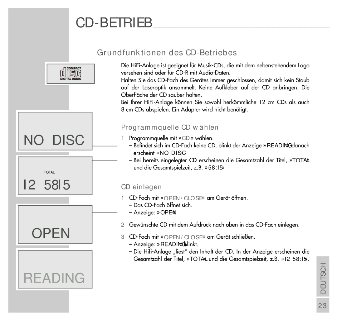 Grundig UMS 4200 manual 58I, Grundfunktionen des CD-Betriebes, Programmquelle CD wählen, CD einlegen 