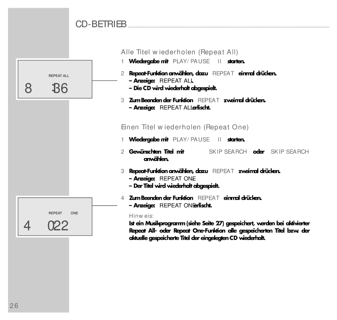 Grundig UMS 4200 manual I36, 022, Alle Titel wiederholen Repeat All, Einen Titel wiederholen Repeat One 