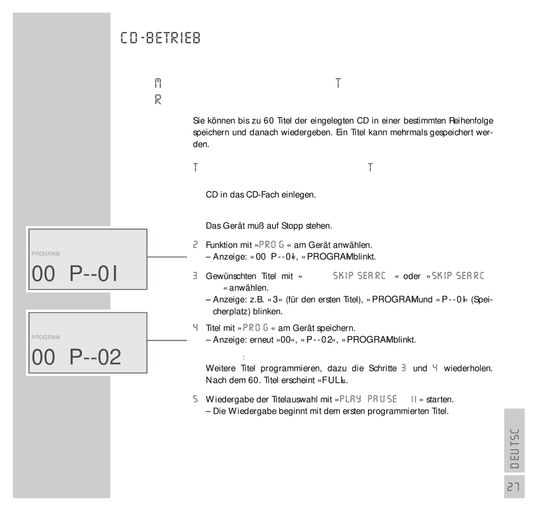 Grundig UMS 4200 manual 00 P--02, Titel auswählen, speichern und Titelauswahl abspielen 