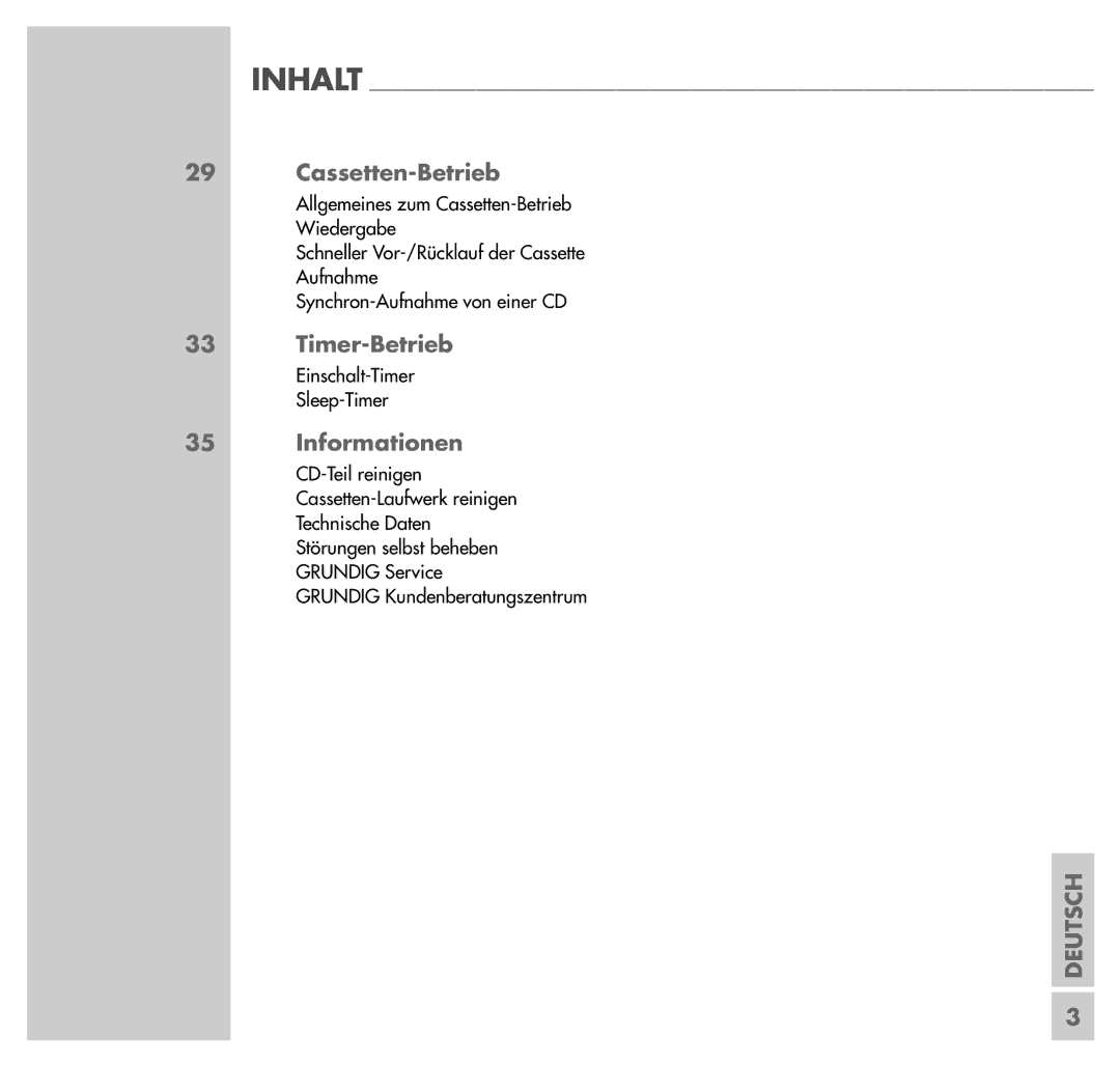 Grundig UMS 4200 manual Cassetten-Betrieb, Timer-Betrieb, Informationen 