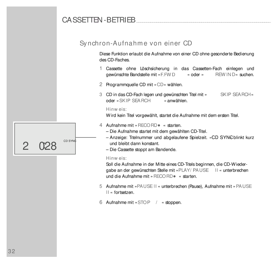 Grundig UMS 4200 manual CD Sync, Synchron-Aufnahme von einer CD 