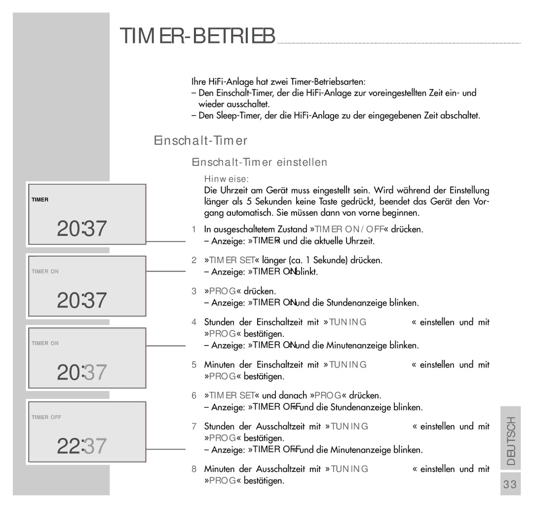 Grundig UMS 4200 manual 2037, 2237, Einschalt-Timer einstellen 