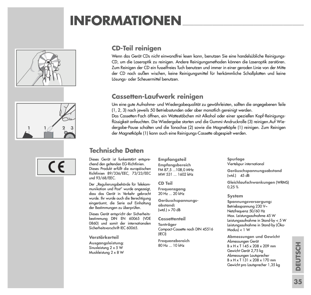 Grundig UMS 4200 manual CD-Teil reinigen, Cassetten-Laufwerk reinigen, Technische Daten 