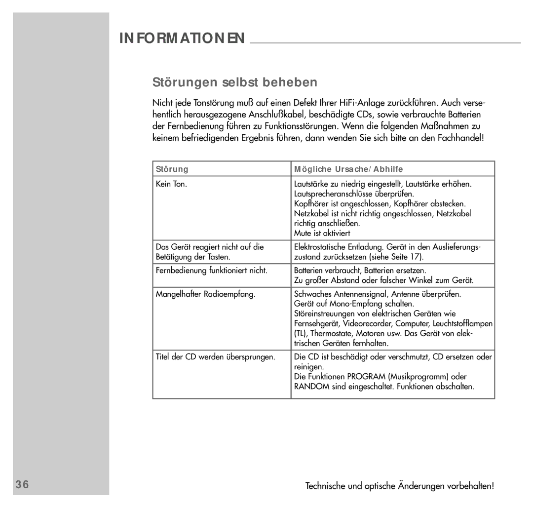 Grundig UMS 4200 manual Störungen selbst beheben, Störung Mögliche Ursache/Abhilfe 