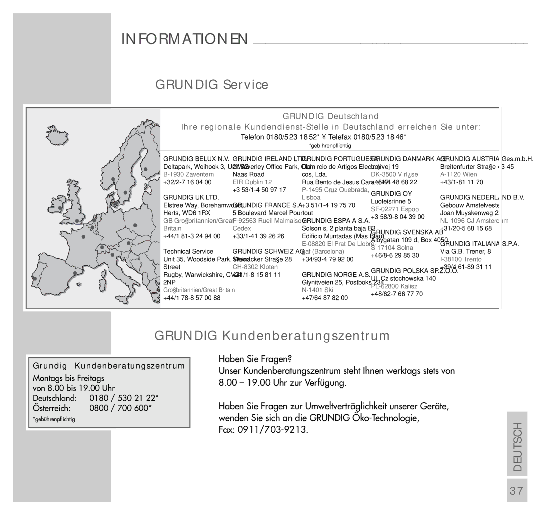 Grundig UMS 4200 manual Grundig Service, Grundig Deutschland 