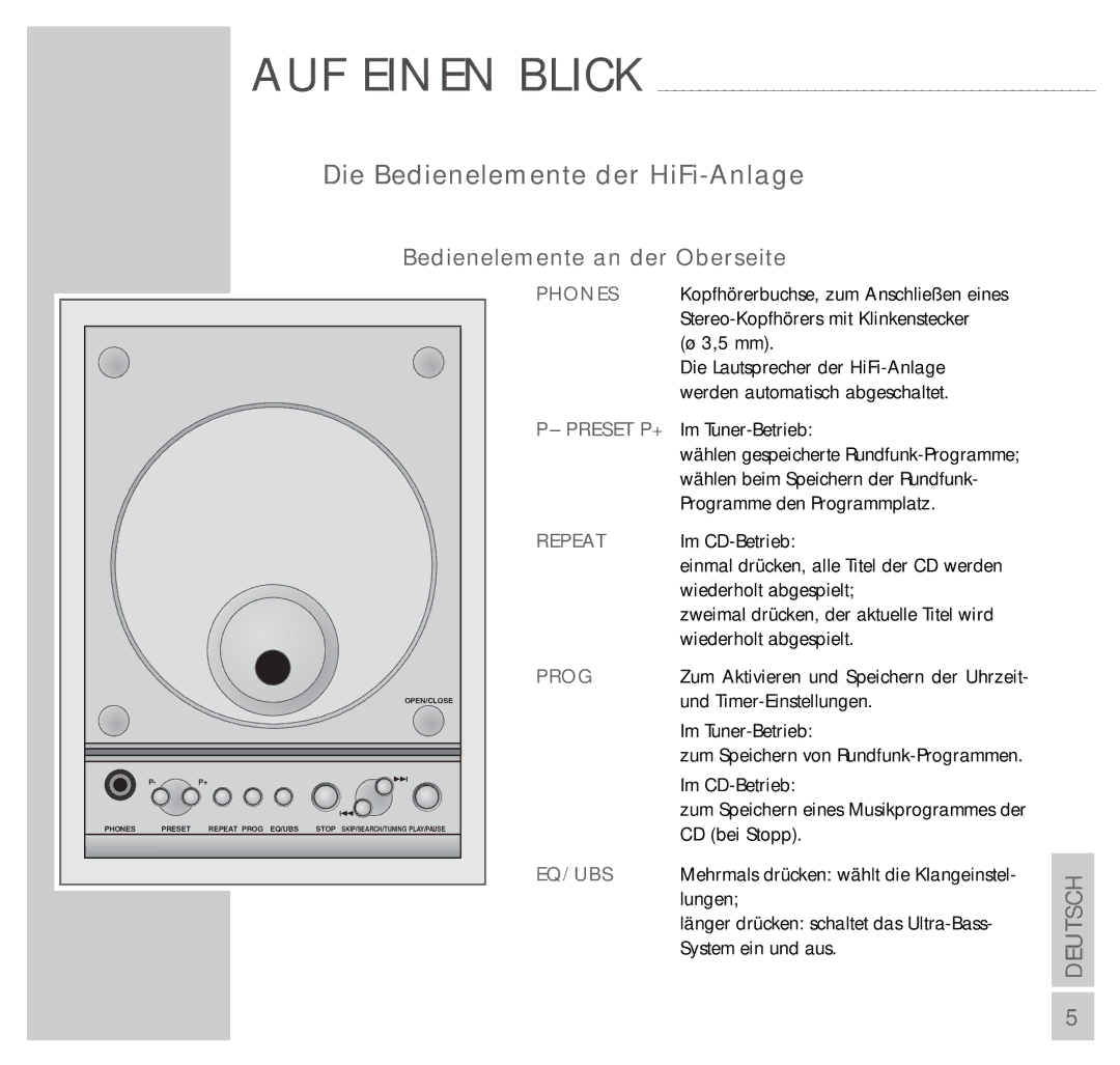 Grundig UMS 4200 manual Die Bedienelemente der HiFi-Anlage, Bedienelemente an der Oberseite 