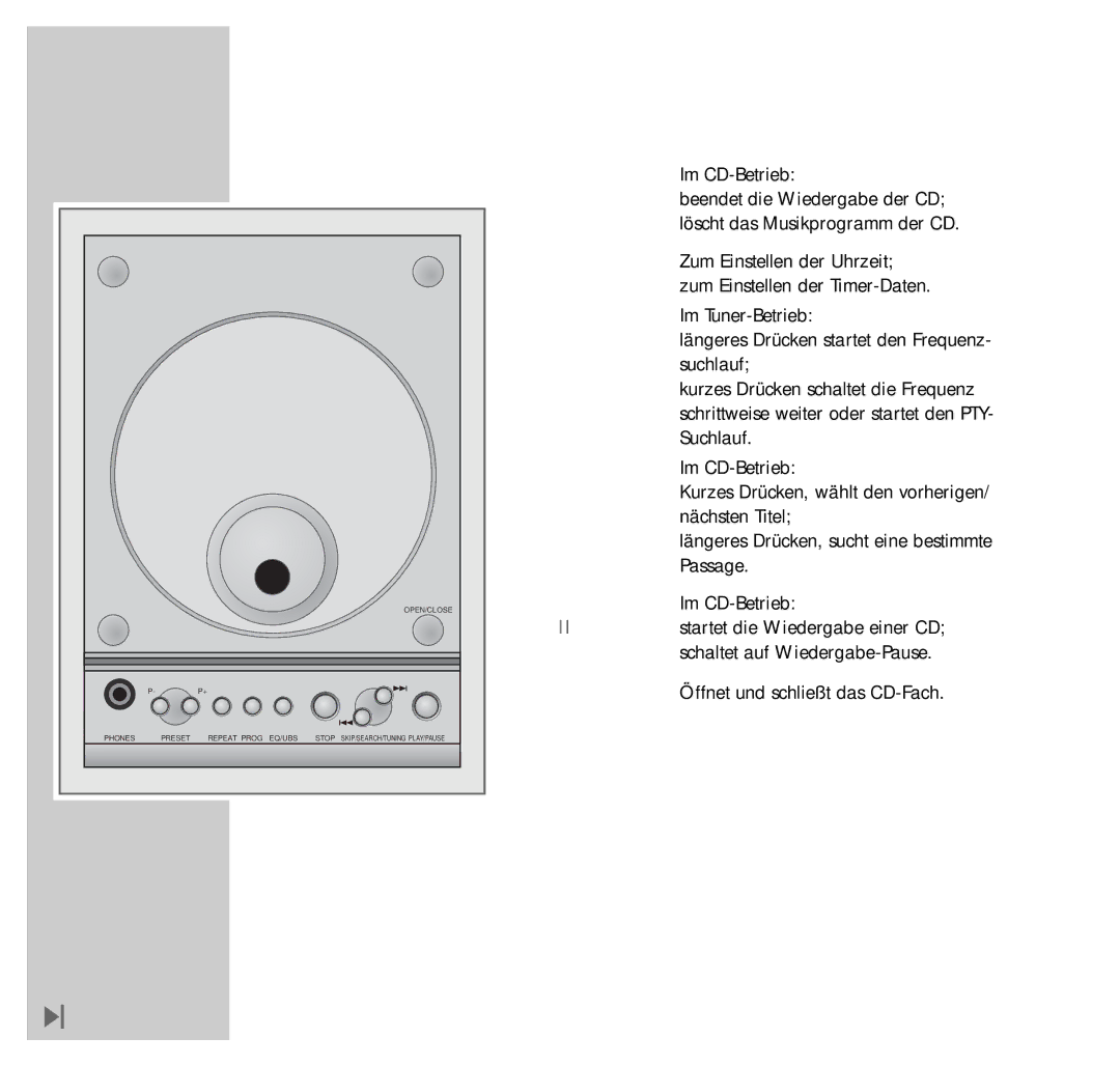 Grundig UMS 4200 manual Stop SKIP/SEARCH Tuning, Play/Pause, Open/Close 