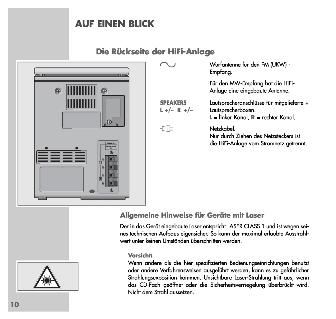 Grundig UMS 4200 Die Rückseite der HiFi-Anlage, Allgemeine Hinweise für Geräte mit Laser, Speakers, L +/- R +, Vorsicht 
