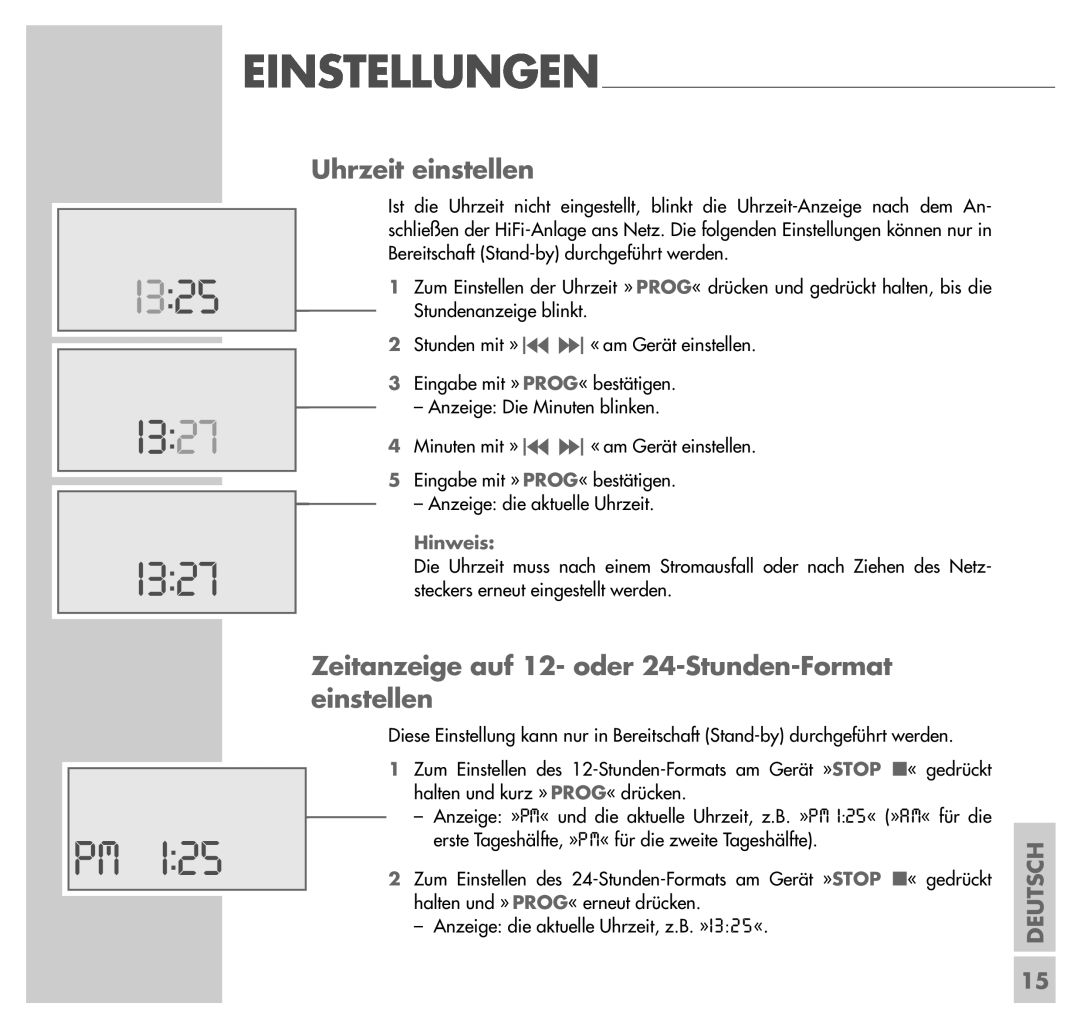 Grundig UMS 4200 manual I3 25 I3 27 I3 27 PM, Uhrzeit einstellen, Deutsch, Hinweis 